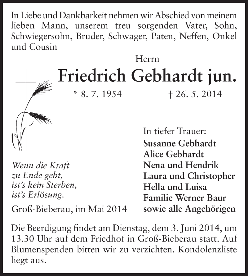  Traueranzeige für Friedrich  Gebhardt vom 31.05.2014 aus Echo-Zeitungen (Gesamtausgabe)