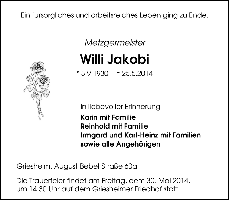  Traueranzeige für Willi Jakobi vom 28.05.2014 aus Echo-Zeitungen (Gesamtausgabe)