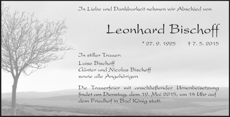  Traueranzeige für Leonhard Bischoff vom 16.05.2015 aus Odenwälder Echo
