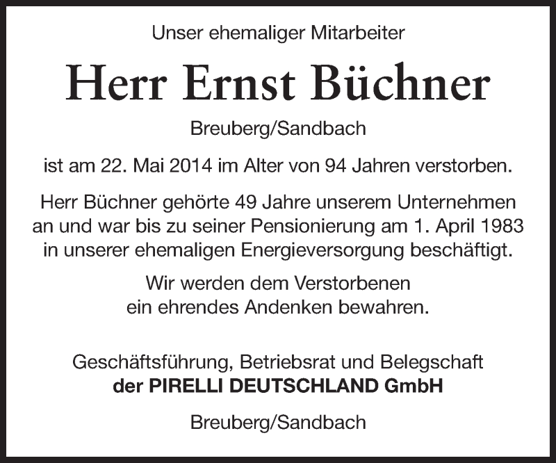  Traueranzeige für Ernst Büchner vom 02.06.2014 aus Odenwälder Echo