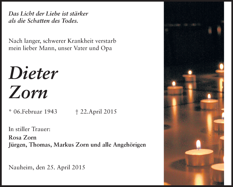  Traueranzeige für Dieter Zorn vom 25.04.2015 aus Darmstädter Echo
