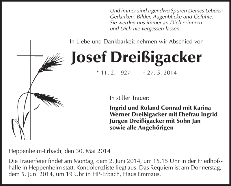  Traueranzeige für Josef Dreißigacker vom 30.05.2014 aus Starkenburger Echo