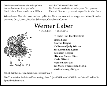 Traueranzeige von Werner Laber von Echo-Zeitungen (Gesamtausgabe)