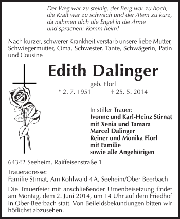 Traueranzeige von Edith Dalinger von Echo-Zeitungen (Gesamtausgabe)