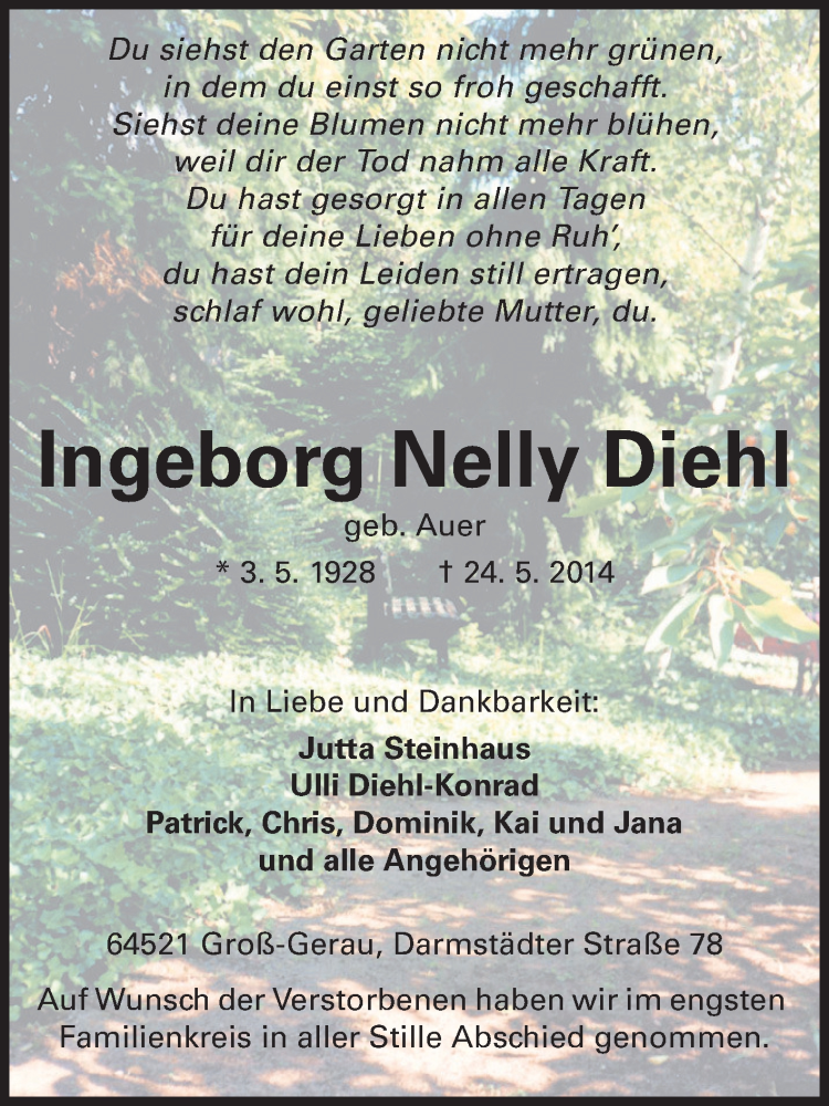  Traueranzeige für Ingeborg Nelly Diehl vom 31.05.2014 aus Rüsselsheimer Echo, Groß-Gerauer-Echo, Ried Echo