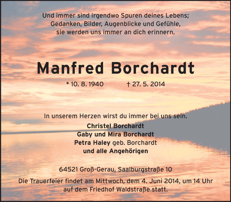  Traueranzeige für Manfred Borchardt vom 31.05.2014 aus Rüsselsheimer Echo, Groß-Gerauer-Echo, Ried Echo
