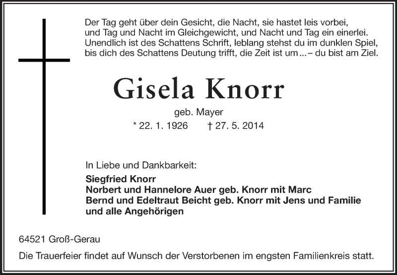  Traueranzeige für Gisela Knorr vom 30.05.2014 aus Rüsselsheimer Echo, Groß-Gerauer-Echo, Ried Echo