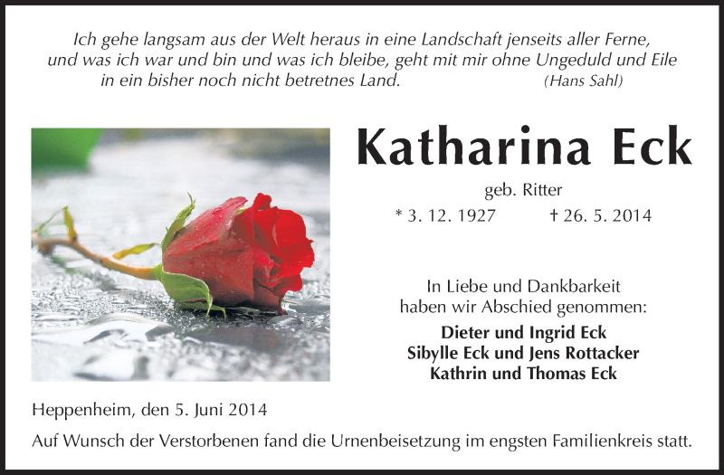  Traueranzeige für Katharina Eck vom 05.06.2014 aus Starkenburger Echo