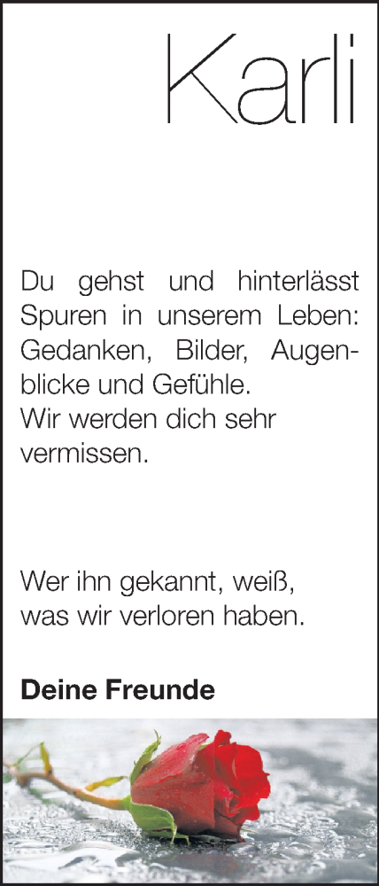  Traueranzeige für Karli  vom 31.05.2014 aus Echo-Zeitungen (Gesamtausgabe)
