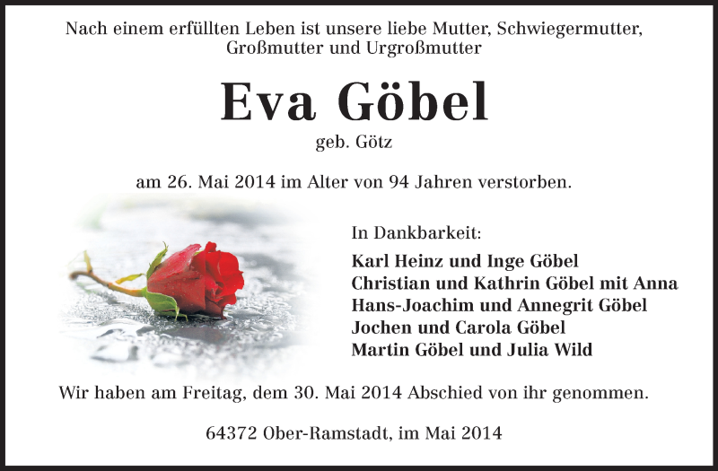  Traueranzeige für Eva Göbel vom 31.05.2014 aus Echo-Zeitungen (Gesamtausgabe)