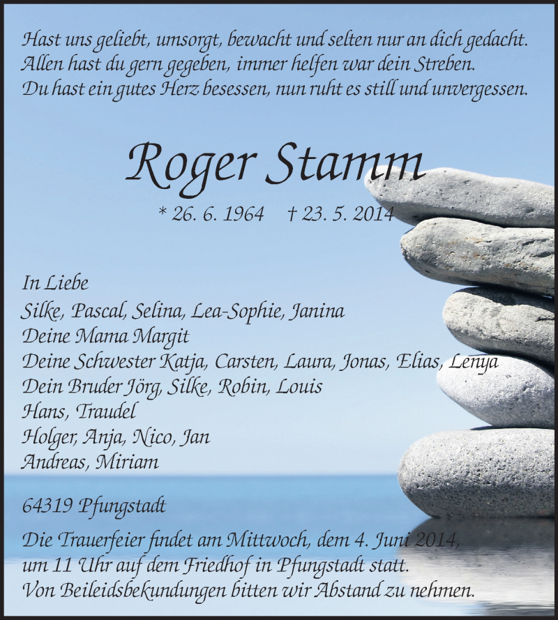  Traueranzeige für Roger Stamm vom 31.05.2014 aus Echo-Zeitungen (Gesamtausgabe)