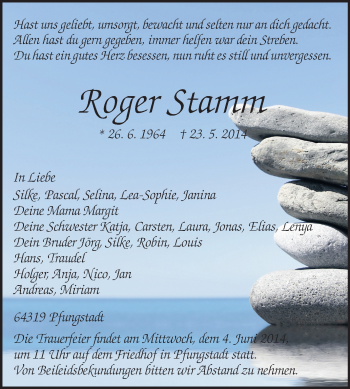 Traueranzeige von Roger Stamm von Echo-Zeitungen (Gesamtausgabe)