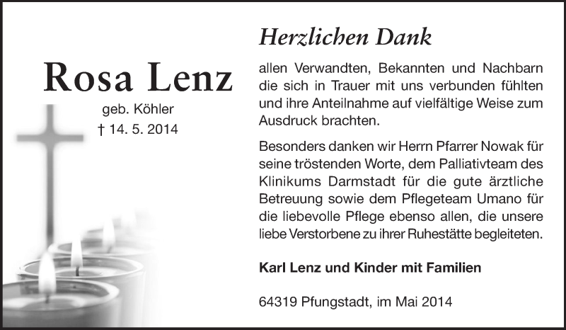  Traueranzeige für Rosa Lenz vom 31.05.2014 aus Echo-Zeitungen (Gesamtausgabe)