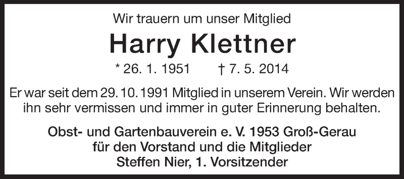  Traueranzeige für Harry Klettner vom 31.05.2014 aus Rüsselsheimer Echo, Groß-Gerauer-Echo, Ried Echo