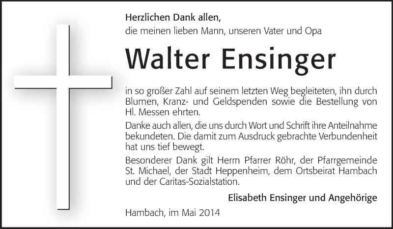  Traueranzeige für Walter Ensinger vom 31.05.2014 aus Starkenburger Echo, Bergsträßer Anzeiger