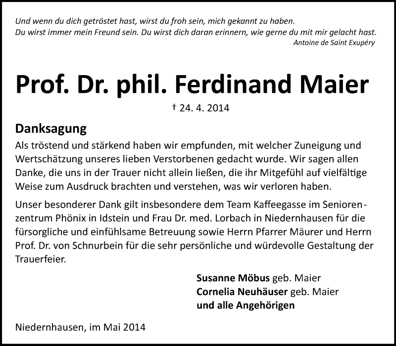  Traueranzeige für Ferdinand Maier vom 31.05.2014 aus Odenwälder Echo