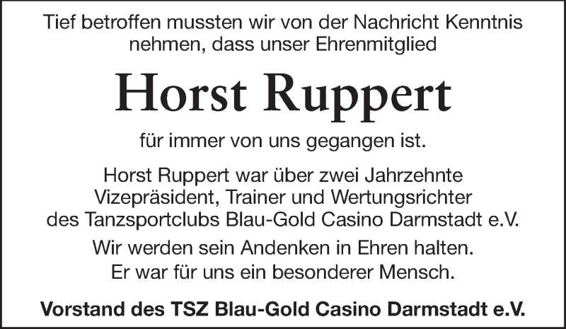  Traueranzeige für Horst Ruppert vom 31.05.2014 aus Echo-Zeitungen (Gesamtausgabe)