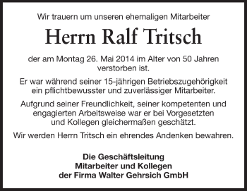 Traueranzeige von Ralf Tritsch von Echo-Zeitungen (Gesamtausgabe)