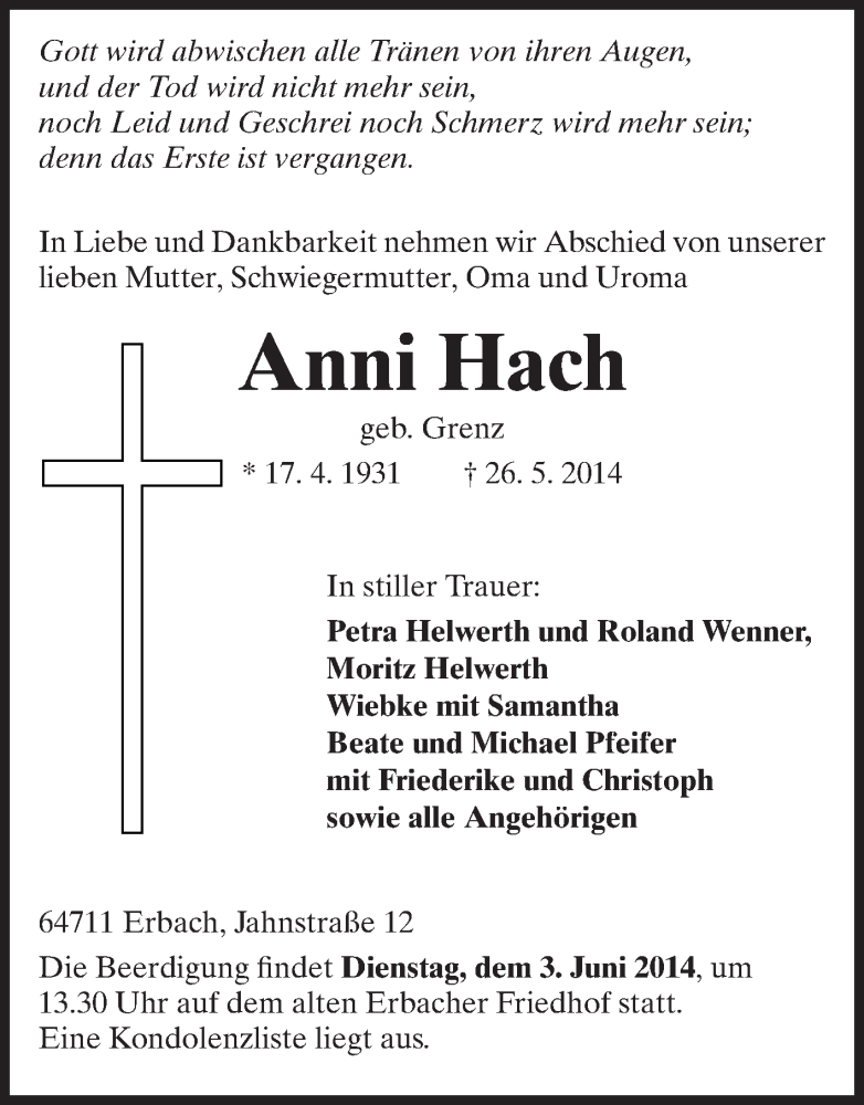  Traueranzeige für Anni Hach vom 02.06.2014 aus Odenwälder Echo