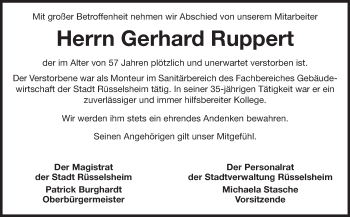 Traueranzeige von Gerhard Ruppert von Rüsselsheimer Echo, Groß-Gerauer-Echo, Ried Echo