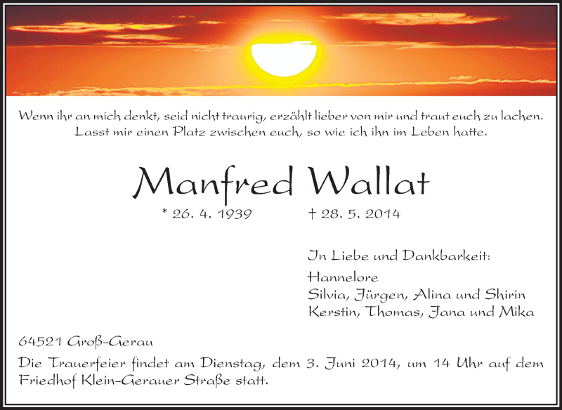  Traueranzeige für Manfred Wallat vom 02.06.2014 aus Rüsselsheimer Echo, Groß-Gerauer-Echo, Ried Echo
