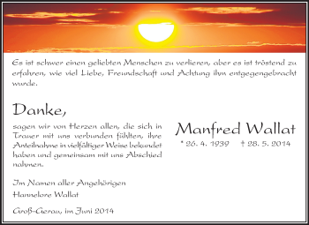 Traueranzeige von Manfred Wallat von Rüsselsheimer Echo, Groß-Gerauer-Echo, Ried Echo