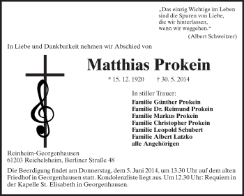 Traueranzeige von Matthias Prokein von Echo-Zeitungen (Gesamtausgabe)