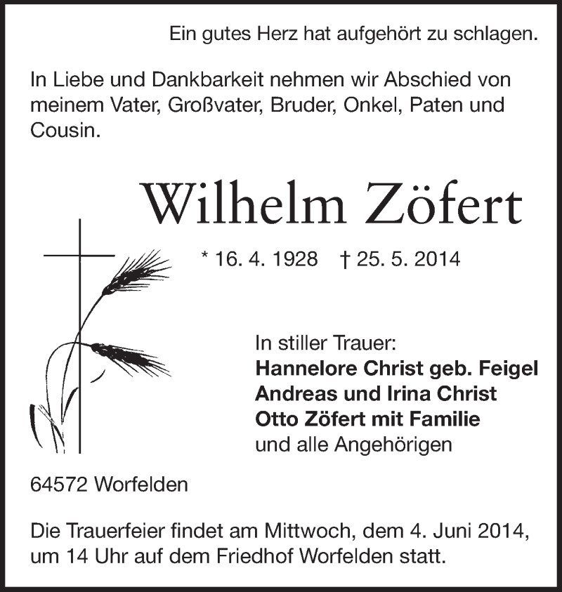  Traueranzeige für Wilhelm Zöfert vom 03.06.2014 aus Rüsselsheimer Echo, Groß-Gerauer-Echo, Ried Echo