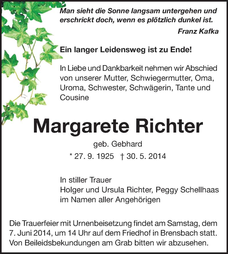  Traueranzeige für Margarete Richter vom 04.06.2014 aus Echo-Zeitungen (Gesamtausgabe)