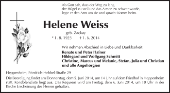 Traueranzeige von Helene Weiss von Starkenburger Echo