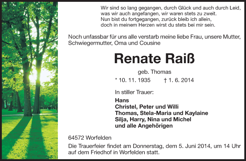  Traueranzeige für Renate Raiß vom 04.06.2014 aus Rüsselsheimer Echo, Groß-Gerauer-Echo, Ried Echo