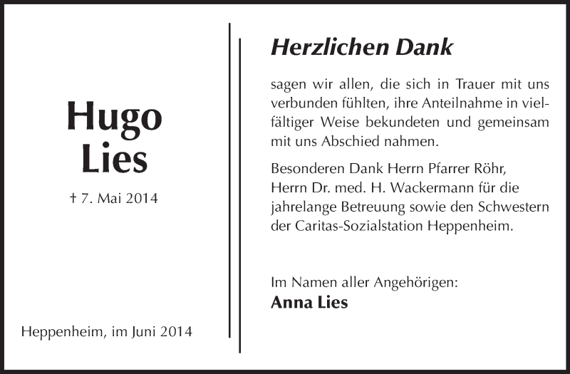  Traueranzeige für Hugo Lies vom 07.06.2014 aus Starkenburger Echo, Bergsträßer Anzeiger
