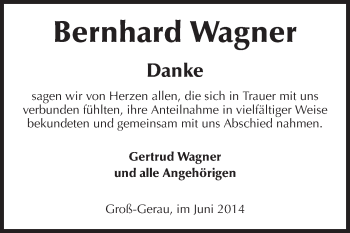 Traueranzeige von Bernhard Wagner von Rüsselsheimer Echo, Groß-Gerauer-Echo, Ried Echo