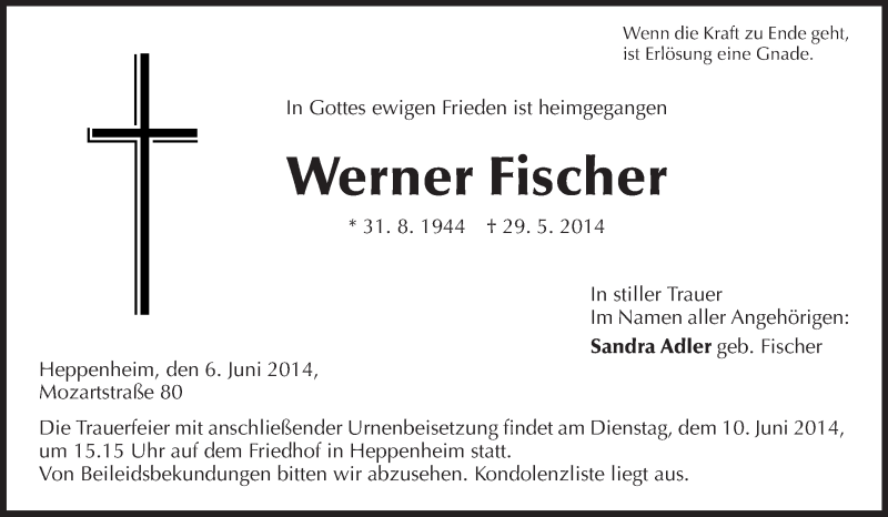  Traueranzeige für Werner Fischer vom 06.06.2014 aus Starkenburger Echo