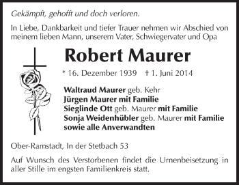 Traueranzeige von Robert Maurer von Echo-Zeitungen (Gesamtausgabe)