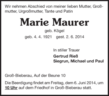 Traueranzeige von Marie Maurer von Echo-Zeitungen (Gesamtausgabe)