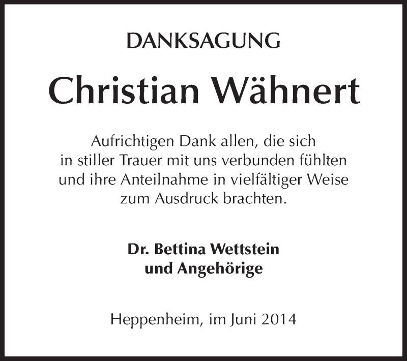  Traueranzeige für Christian Wähnert vom 06.06.2014 aus Starkenburger Echo