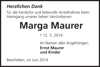 Traueranzeige von Marga Maurer von Odenwälder Echo