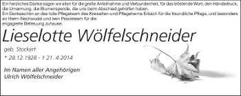 Traueranzeige von Lieselotte Wölfelschneider von Odenwälder Echo