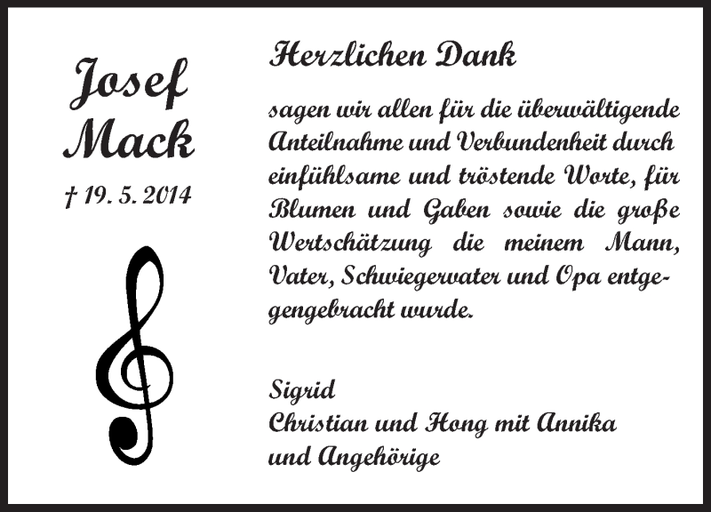  Traueranzeige für Josef Mack vom 07.06.2014 aus Echo-Zeitungen (Gesamtausgabe)