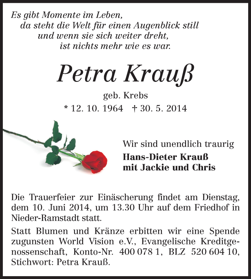  Traueranzeige für Petra Krauß vom 07.06.2014 aus Echo-Zeitungen (Gesamtausgabe)