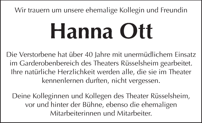  Traueranzeige für Hanna Ott vom 07.06.2014 aus Rüsselsheimer Echo, Groß-Gerauer-Echo, Ried Echo