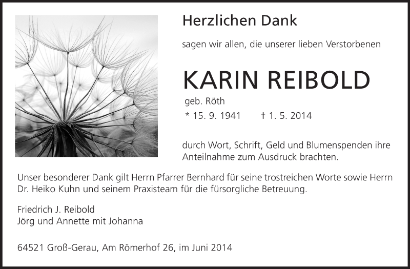  Traueranzeige für Karin Reibold vom 07.06.2014 aus Echo-Zeitungen (Gesamtausgabe)