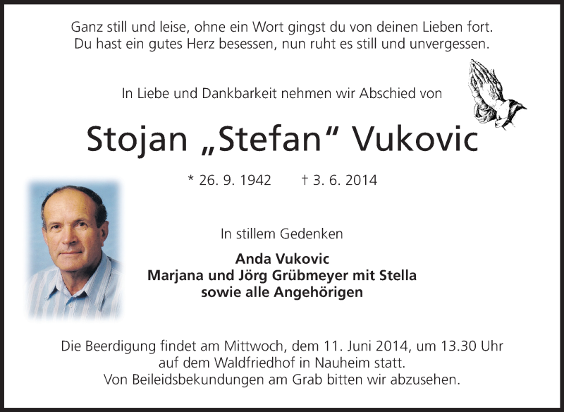  Traueranzeige für Stojan Vukovic vom 07.06.2014 aus Rüsselsheimer Echo, Groß-Gerauer-Echo, Ried Echo