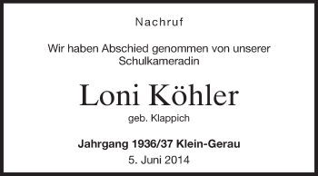Traueranzeige von Loni Köhler von Rüsselsheimer Echo, Groß-Gerauer-Echo, Ried Echo