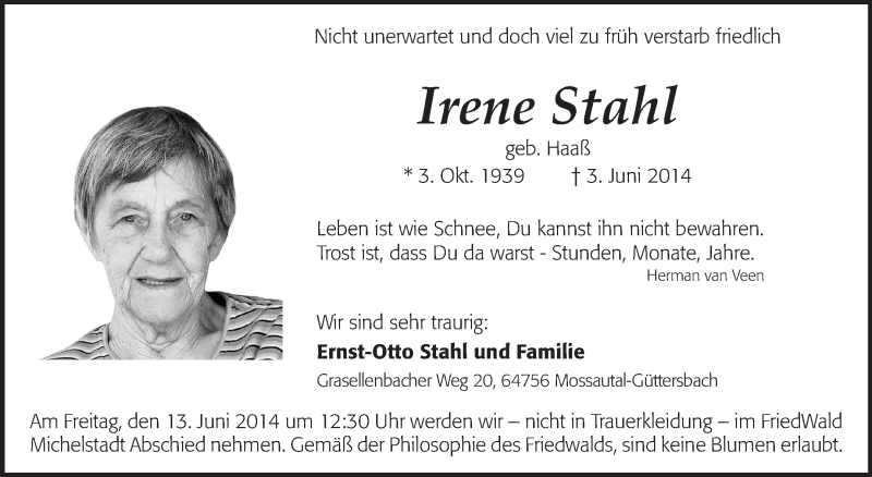  Traueranzeige für Irene Stahl vom 07.06.2014 aus Echo-Zeitungen (Gesamtausgabe)