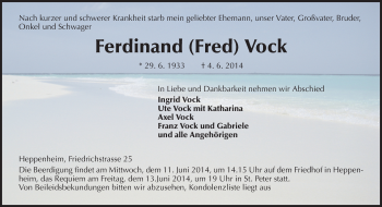 Traueranzeige von Ferdinand  Vock von Starkenburger Echo, Bergsträßer Anzeiger