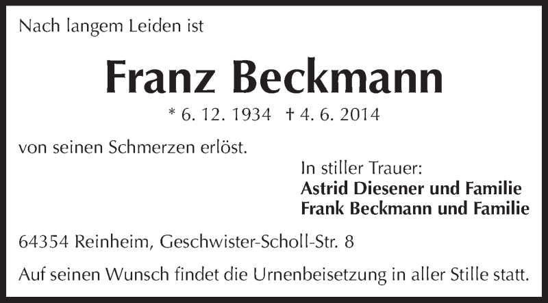  Traueranzeige für Franz Beckmann vom 07.06.2014 aus Darmstädter Echo, Odenwälder Echo, Rüsselsheimer Echo, Groß-Gerauer-Echo, Ried Echo