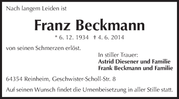 Traueranzeige von Franz Beckmann von Darmstädter Echo, Odenwälder Echo, Rüsselsheimer Echo, Groß-Gerauer-Echo, Ried Echo