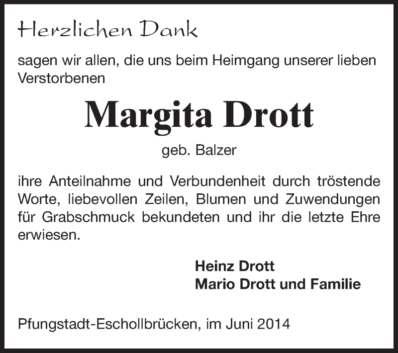 Traueranzeige für Margita Drott vom 07.06.2014 aus Echo-Zeitungen (Gesamtausgabe)